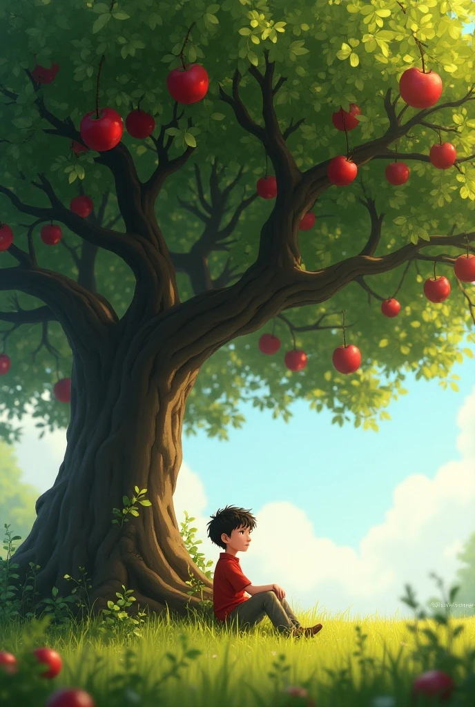Boy hugging apple tree