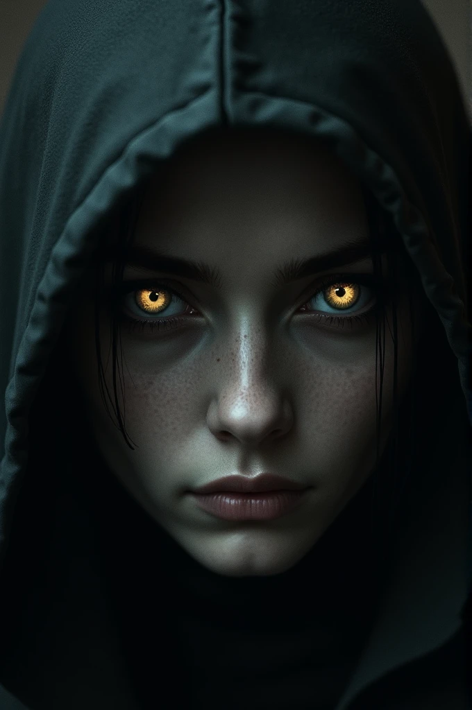 A feminine face with bright, perfect eyes of iridescent colors, ultra detailed themed horror, Face too close to the camera, perfect strokes, clear and slimy skin, foreigner (8k, photoshot, highest quallity), hyperrealisti, Abstract style, Surpreendentemente, [Satan | hellcore:17], escuro and haunting portrait of a demonic Satan emerging from the shadows, exuding terror, sinister eyes that pierce the darkness, Intricate details, Threatening Expression, subdued colors, weirdcore, disturbing, photoshotgráfico, realism taken to the extreme, fine texture