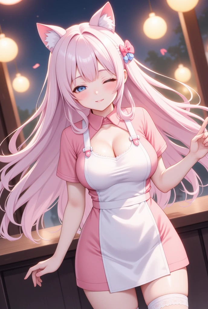  1 girl\(:d, > <,Blue eyeshadow,cute, plump, Long Hair,Pastel light pink hair,Wavy Hair,Hair floating, Pale skin, pink cheeks,Pink Lips,bangs, cat ears, dress\(short,Pastel Pink,  ta fashion ,  開いたchestの谷間 \), White Apron ,chest,  Blurry foreground , , Bokeh, Eyes closed,  depth of field, smile,  in the pub, Tall, , dynamic pose ,Cheerful pose,Full Body,cute hairpins,Pink Lips,knee-high socks with white garter belt\), Pastel colors,background\(Dreamland, Pastel colors,Many lights\),