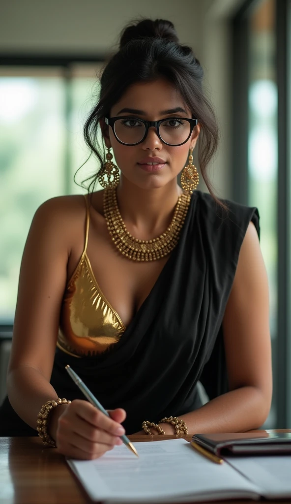 A tall south asian woman with short hair, a slim body, perky breasts, glasses, an elongated face, wearing a sexy black coloured saree, black bra, visible breasts, leaning forward, visible cleavage, seducing, inside a dark classroom, nighttime
