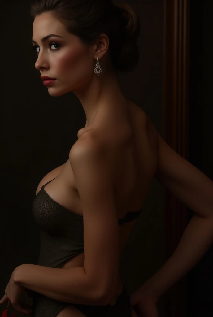 1920s femme fatale, elegantly dressed in a sleek, black, floor-length gown with a plunging neckline and intricate beading, short wavy bobbed hair with a finger wave, bold dark red lipstick, exuding danger and seduction, high contrast, soft-focus background, textured fabric detail, shadow play, carefully staged composition, low-angle-shot, ((colour photograph))