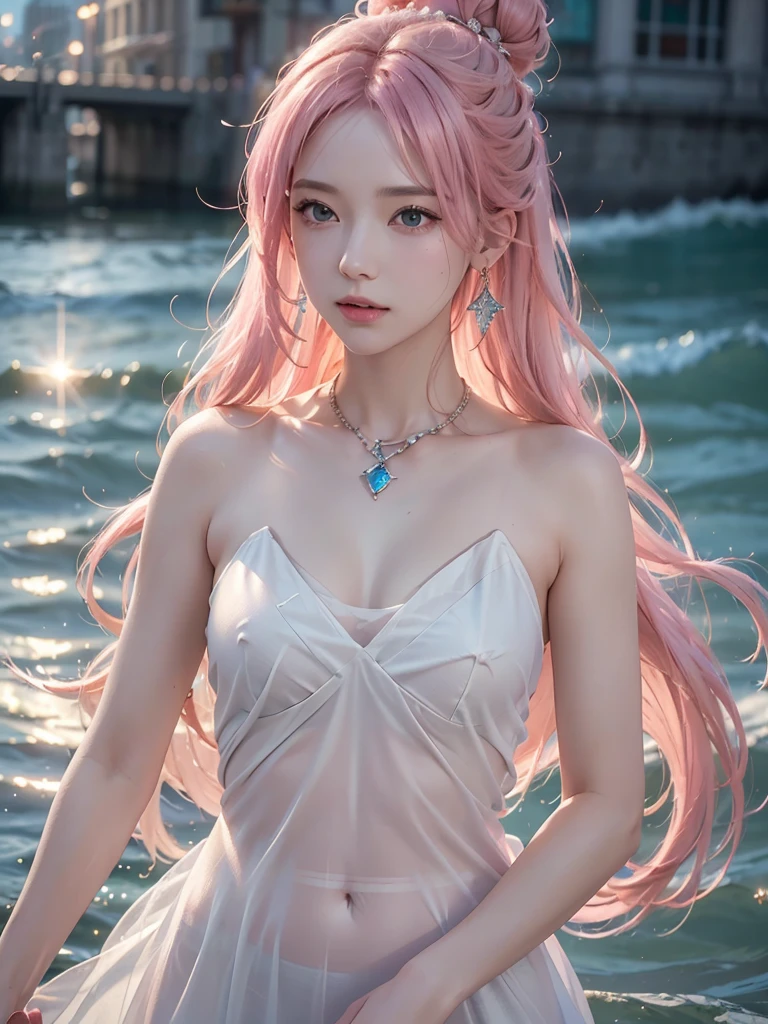 a girl with fish on her hair in the ocean, in the style of kawaii aesthetic, photorealistic scenes, light pink and dark aquamarine, i can't believe how beautiful this is, dark azure and pink, shiny/glossy, exaggerated facial features