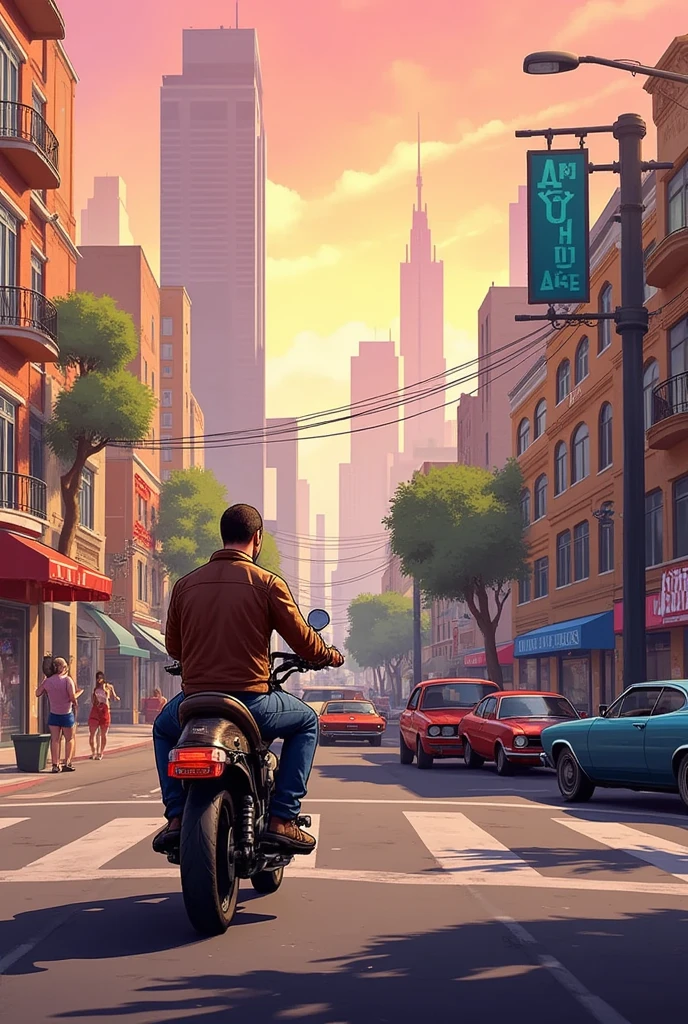 A bustling city scene in pixel art style, reminiscent of an open-world game like GTA. The city features tall skyscrapers, busy streets with pixelated cars, and small shops with colorful signs. Pedestrians walk along the sidewalks, and a character wearing a leather jacket is riding a motorcycle. Trees and lampposts line the streets, with a park in the distance. The sun is setting, casting a warm orange and pink glow over the pixelated buildings. The entire scene has a retro, 8-bit aesthetic, with vibrant colors and detailed textures.