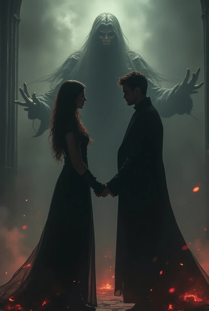 A handsome man with a perfect slim face dressed in a long black Dracula suit without a shirt, a cloudy sunset sky, a sun hiding behind a trail of water that matches the sun, a lightning bolt from afar next to him, two beautiful women dressed in black, the man is in the middle