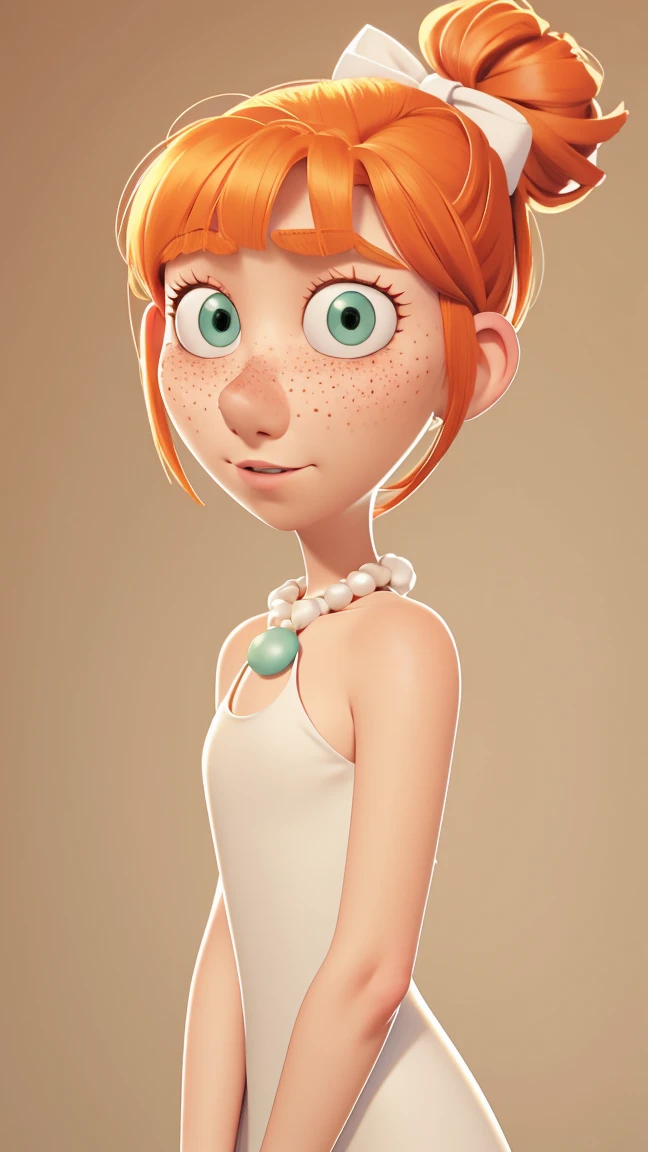 1girl, Orange hair in a bun, green eyes, slight smirk, freckles on cheeks, thin eyebrows, white necklace with a bow, naked without clothes, pale skin, standing, cartoon, (pixar:1.2), Lucy Wilde, long nose, bangs,full body view