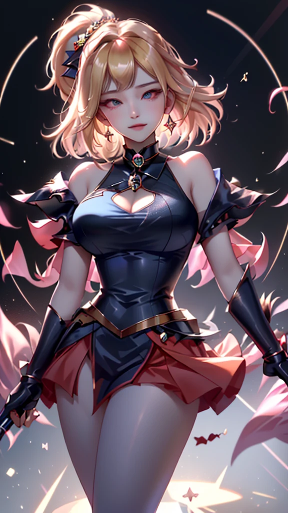 Please follow the all prompts below exactly and faithfully, This is a breathtaking masterpiece of digital illustration, with maximum resolution, UHD, 512K, 2160p, 10 million ppi, 300 million dpi, natural color tones, ultra sharp details, perfect outlines with contrast, ((smooth, soft and clearly and most realistic skin and hair texture)), most beautiful detailed eye features, perfect anatomically correct human body, beautiful background with depth, rule of thirds, depth of field, Maximize all element is used to its full potential to create the best digital illustrations, 1woman, sexy, 25years old, beautiful face sharp, elegant woman, Ultimate perfect body style, beautiful beautiful big breasts, Maximize upturned breasts, green eyes, shiny blonde hair, short hair, bob cut, (eyes visible through hair:1.3), glossy very thick lips, pink lipstick, smile:1.5, Vibrant, intricately patterned skirt with regal, flowing design; adorned with mystical symbols and gemstones; dark, majestic colors with striking contrasts; ethereal, otherworldly aura. The skirt features layers of luxurious fabrics, including velvet and silk, with golden embroidery and silver thread accents. Enchanted runes and ancient glyphs are woven into the fabric, glowing faintly. The hem is lined with shimmering crystals, and the waist is cinched with a jeweled belt. The overall look is both fearsome and elegant, exuding power and mystery, 