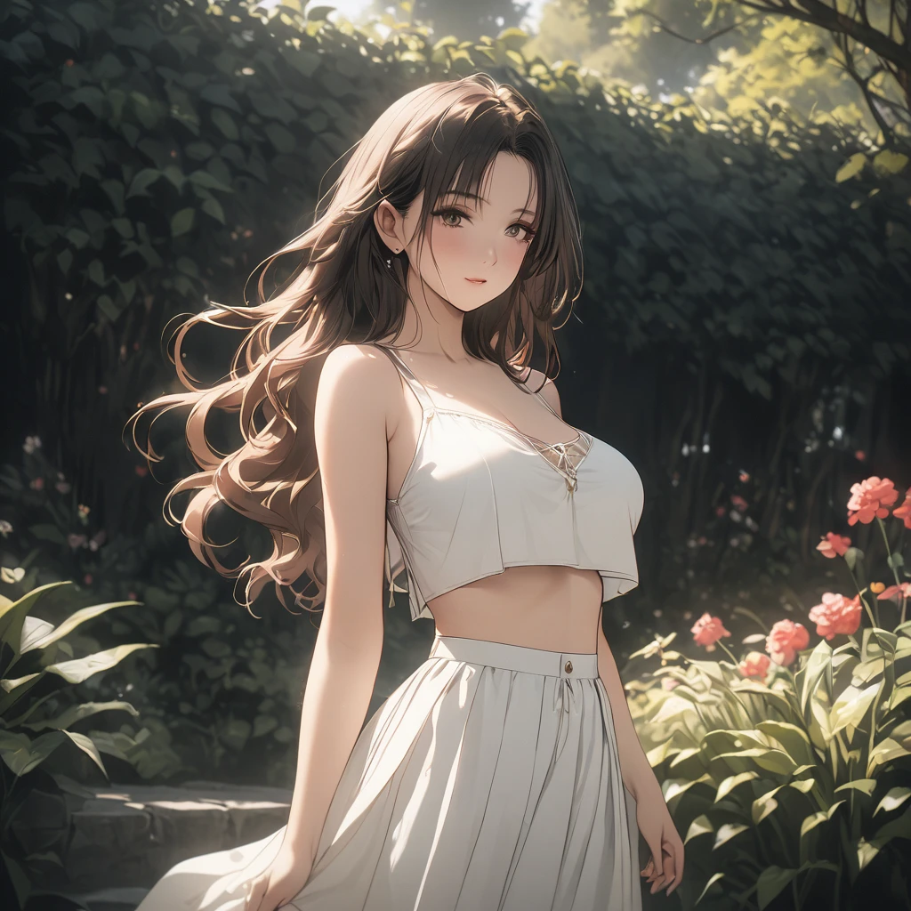 a beautiful woman wearing a high-waisted skirt and a crop top, detailed facial features, long hair, flawless skin, elegant pose, sunlit garden background, ethereal lighting, muted colors, cinematic composition, masterpiece, 8k, extremely detailed, perfect breasts, full body , whole body, wavy hair
