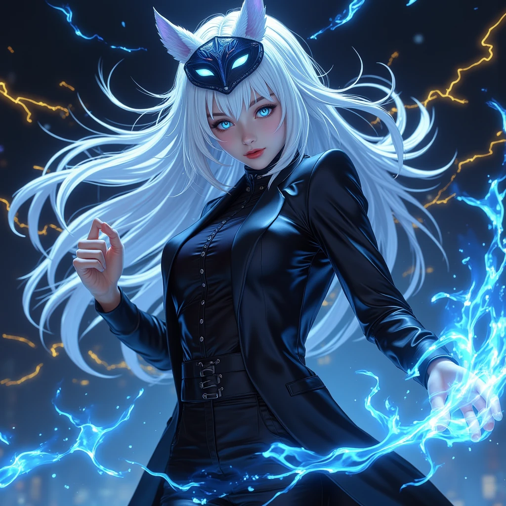 Anime drawing , 1 woman, Dark tone,  Pure White Hair,  red lips , Blue eyes, fox mask,  black clothes , Long blazer , Have a sword,  battojutsu, Full body ,  dynamic movement , spell,  Dynamic,  yellow lightning ,  blue water stream circulating,  Blue Flame, nighttime,  hologram background , 3D rendering  ,  dynamic view , illustration, Computer graphics,