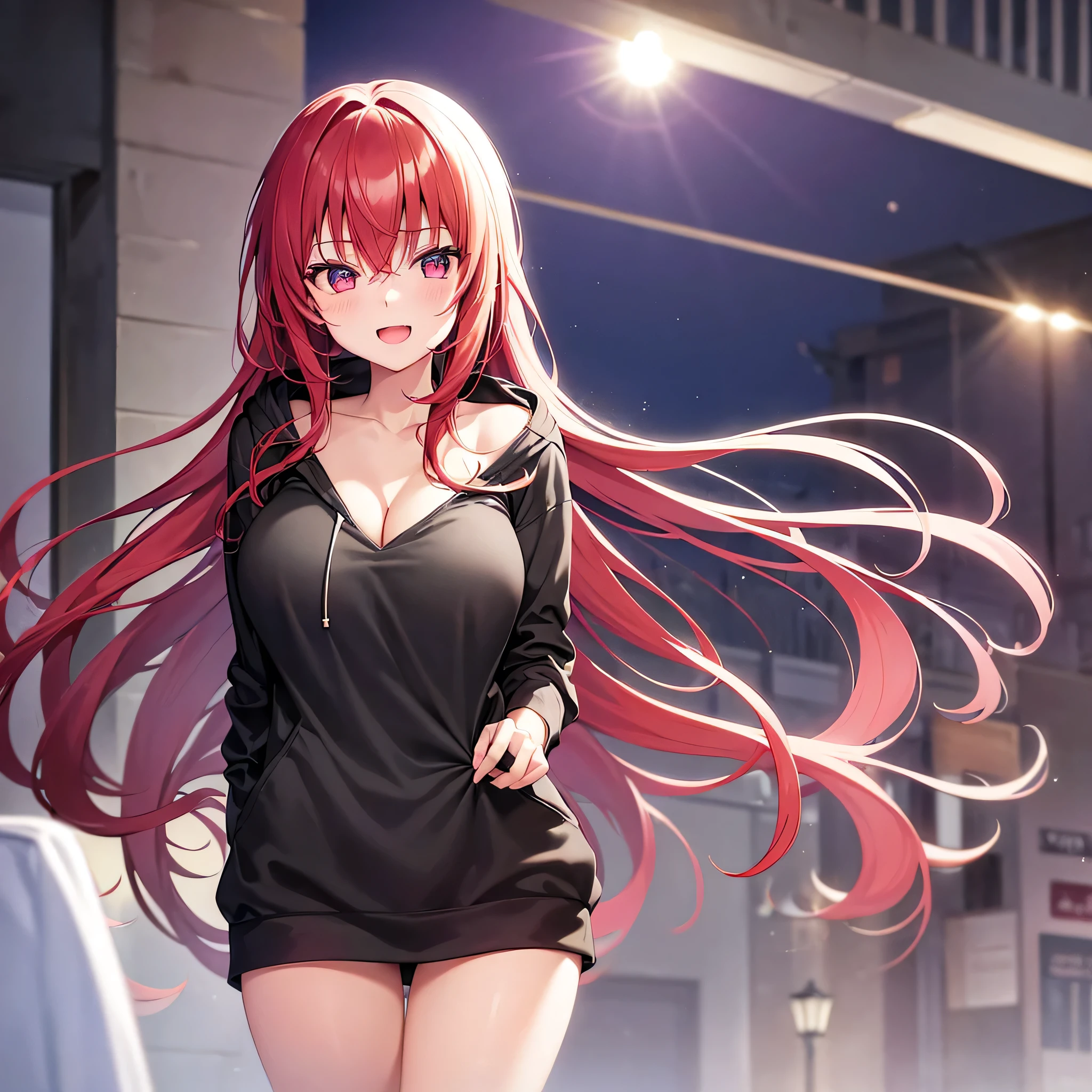 1girl only, HD, excited face, long crimson hair, silver eyes, white hoodie, black t-shirt inside the hoodie, large soft breast, cleavage, in the streets, nighttime