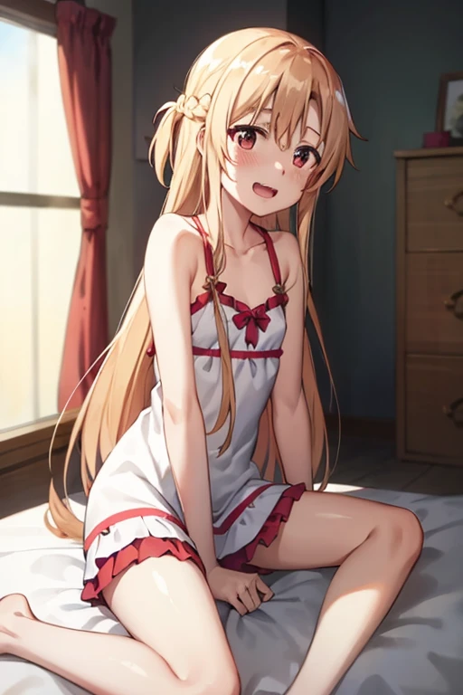 ((Best Quality)), ((masterpiece)), (be familiar with),  perfect face, indoor, bedroom, Watching the audience,
One woman, Yuuki Asuna,
Open Mouth, Ecstatic expression, blush, smile,
Small breasts,  flat chest, , , child, Girl,
Long Hair, Long Hair,
Leg spread,