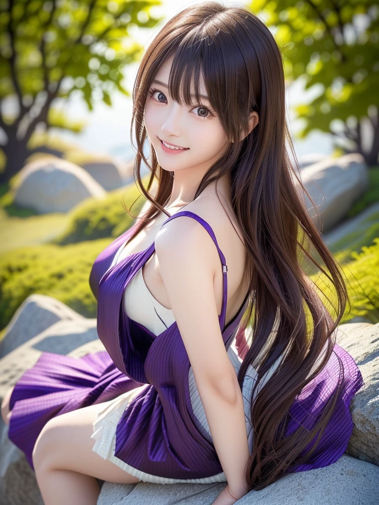 Photo-realistic quality、A Japanese model in a purple dress is sitting on a rock, anime girl Cosplay, anime Cosplay,  Genshin Impact Tokiharu, Cosplay,Games Genshin Impact, Cosplay photo, Anime Goddess,Looking at the camera、Detailed and beautiful eyes、Cute smile、A soft and gentle look
