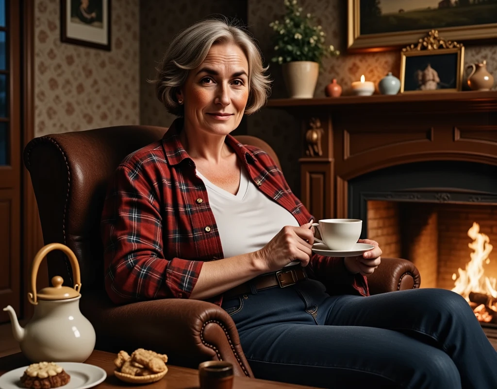 Photorealistic picture, cinematic style, a beautiful old British woman sitting in her armchair drinking tea. She is 70 years old. (Dynamic pose: 1.5), she is smiling to the camera. She has Brown eyes, downturned eye shape, light skin and freckles, lines around her eyes and mouth. gray hair. Long bob hairstyle. She's wearing a baggy flannel shirt, white t-shirt, jeans. Comfortable house shoes. She is in a homely, rustic living room. Outside is dark. There is a fire burinng in the fireplace, a candle lit on the side table. She has a tea pot on the table next to her. A basket with cookies. perfect hand,HDR, intricate details ,
