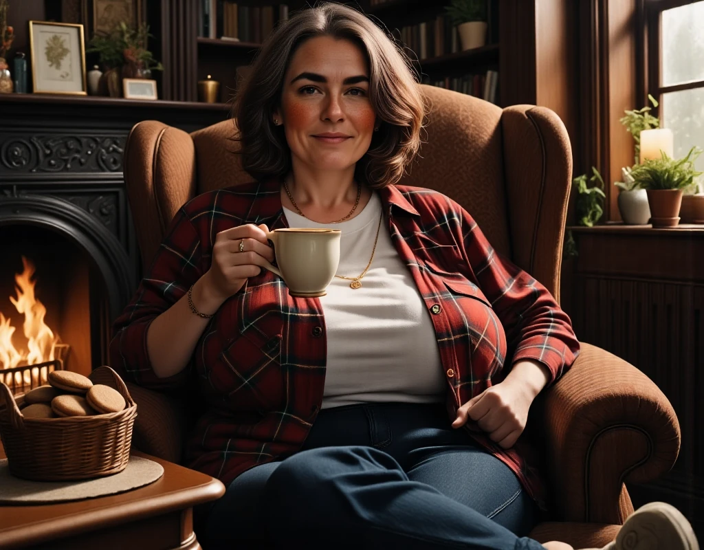 Photorealistic picture, cinematic style, a beautiful old British woman sitting in her armchair drinking tea. She is 70 years old. (Dynamic pose: 1.5), she is smiling to the camera. She has Brown eyes, downturned eye shape, light skin and freckles, lines around her eyes and mouth. gray hair. Long bob hairstyle. She's wearing a baggy flannel shirt, white t-shirt, jeans. Comfortable house shoes. She is in a homely, rustic living room. Outside is dark. There is a fire burinng in the fireplace, a candle lit on the side table. She has a tea pot on the table next to her. A basket with cookies. perfect hand,HDR, intricate details ,
