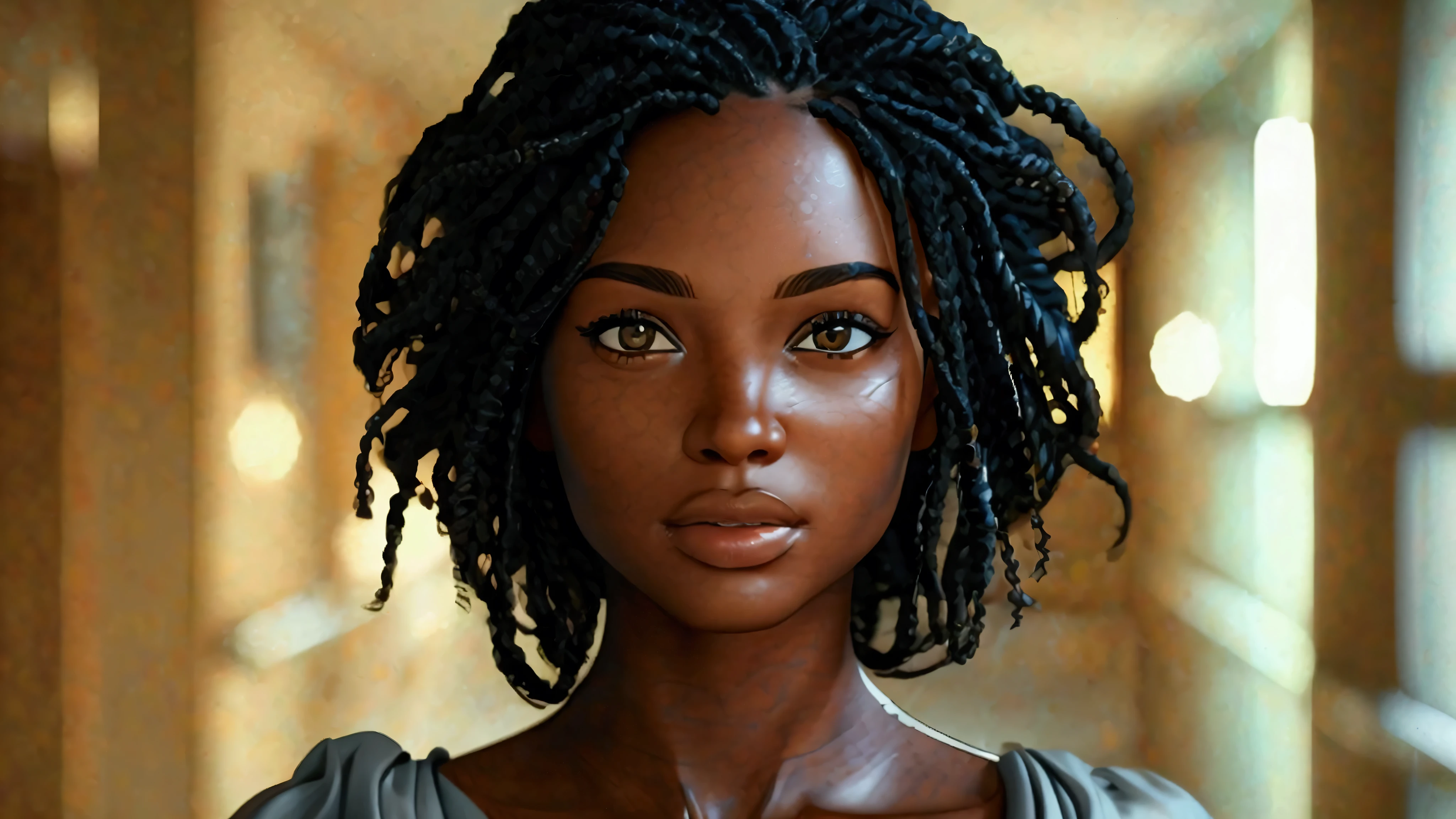 (((Face seen up close))), Photorealism, masterpiece, best quality, play of light, window, detailed and realistic skin, HDR, woman of (((black skin))), Senegal, detailed face, striking lips, dread hair, hair stuck, jewelry, silver, earrings, detailed hair, detailed eyes, black eyes, open sky background, sunlight,