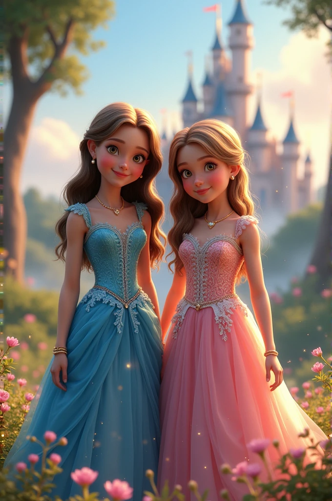 Two princesses in a flower garden. One has long light brown hair, green eyes, and is wearing a pink dress. The second princess had light brown skin, brown curly hair, brown eyes, and is wearing a purple dress. Surrounded by pink and purple butterflies