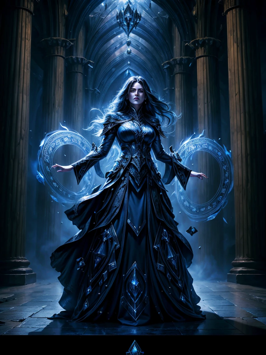 A dark sorceress with long silver hair, standing in an ancient hall. She wears a form-fitting, dark blue gown adorned with armor-like details. Magic swirls around her hands as she gazes forward with a cold, calculated expression. The hall is dimly lit with flickering blue flames