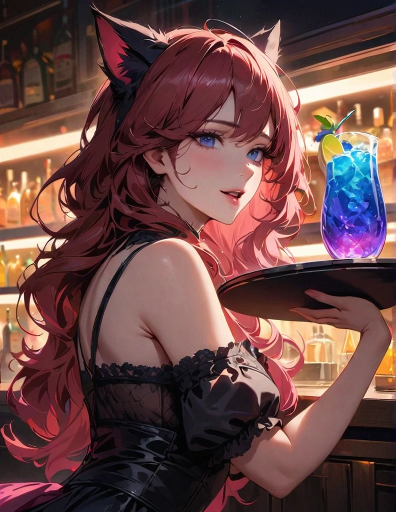 In the bar at night, inside the bar, three girls, a short black dress, a blue shorts, and a red-haired office girl, with a warm, refined face, walked towards me, with a lively bar crowd in the background