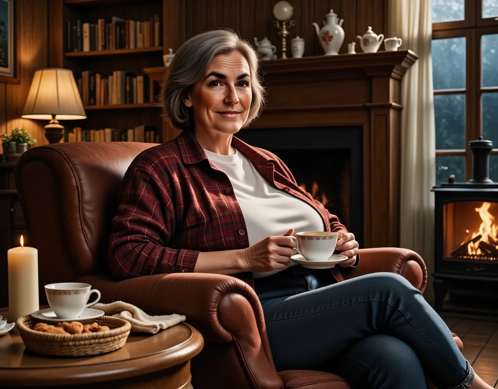 Photorealistic picture, cinematic style, a beautiful old British woman sitting in her armchair drinking tea. She is 70 years old. (Dynamic pose: 1.5), she is smiling to the camera. She has Brown eyes, downturned eye shape, light skin and freckles, lines around her eyes and mouth. gray hair. Long bob hairstyle. She's wearing a baggy flannel shirt, white t-shirt, jeans. Comfortable house shoes. She is in a homely, rustic living room. Outside is dark. There is a fire burinng in the fireplace, a candle lit on the side table. She has a tea pot on the table next to her. A basket with cookies. perfect hand,HDR, intricate details ,
