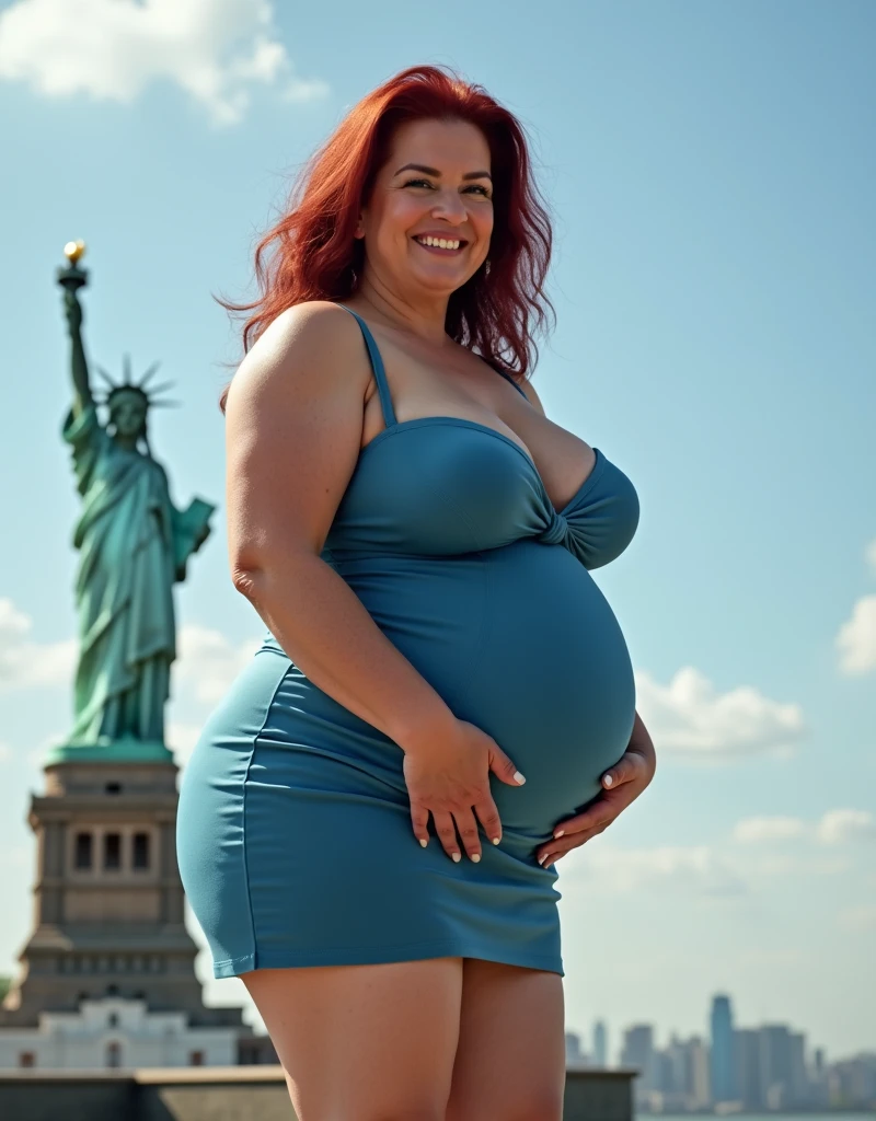 pregnant woman with red hair stand in city turned into a giant taller than buildings, shrunken people, ( Breast)