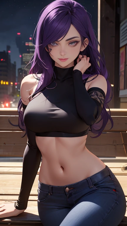 (Highly quality, masterpiece, detailed), night city detailed scenario, night city detailed background, 20 years old girl, solo, Psylocke_mains, long hair, smile, red ribbon, black crop top, medium breasts, purple eyes, purple hair, sitting on a bench, navel, perfect face, beautiful eyes, looking at the viewer, Sexy pose wearing Nat Bra and pantties, 