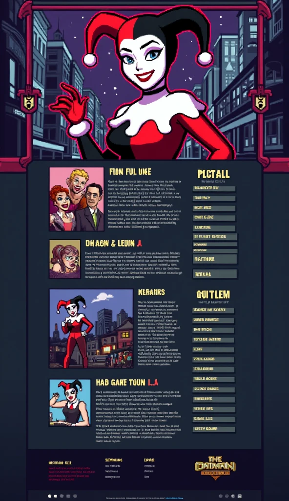 The webpage is a collage of pixelated graphics and text, reminiscent of early 90s video games, and inspired by the distinct art style from "Batman: The Animated Series" created by Bruce Timm. A large banner at the top features a pixel-perfect image of Harley Quinn in her iconic black and red jester outfit, capturing her expressive face and mischievous grin in a pixel art format.

Elements such as animated GIFs, scrolling marquees, and flashing text are used in a pixelated style, creating an energetic atmosphere true to Harley Quinn's character. The main content area is divided into sections using HTML tables, featuring text in easy-to-read pixel fonts with contrasting hyperlinks.

The menu options, including "About Me", "My Fanfiction", and "Guestbook", are presented using chunky pixelated buttons reminiscent of retro video game menus. Subtle references to iconic Gotham City locations and objects from the series fill the margins in pixel art form.

Throughout the page, pixelated versions of Harley Quinn's image appear in various poses inspired by scenes from the show, paying homage to the character design by Bruce Timm and the performance by Arleen Sorkin. Quotes and proclamations, such as "Welcome to my Harley Quinn shrine!" and "Check out my Joker/Harley fanart!" are written in pixelated comic book-style speech bubbles, further reinforcing the connection to the animated series. The overall impression is one of a lovingly crafted, retro-inspired fan project that remains true to the source material.