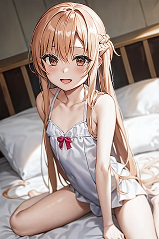 ((Best Quality)), ((masterpiece)), (be familiar with),  perfect face, indoor, bedroom, Watching the audience,
One woman, Yuuki Asuna,
Open Mouth, Ecstatic expression, blush, smile,
Small breasts,  flat chest, , , child, Girl,
Long Hair, Long Hair,
Leg spread,