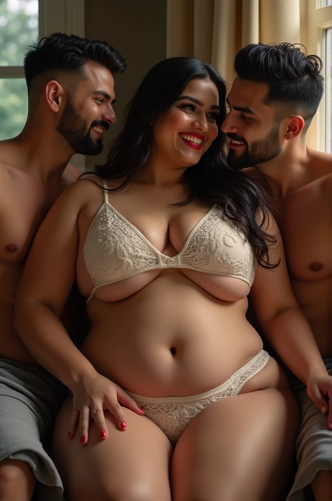 A beautiful gorgeous plump Indian 4 woman wearing a Red thin bra panty, long hair, huge breasts, hot body curves, smiley face, white skin, laying on sofa with 2 handsome man 