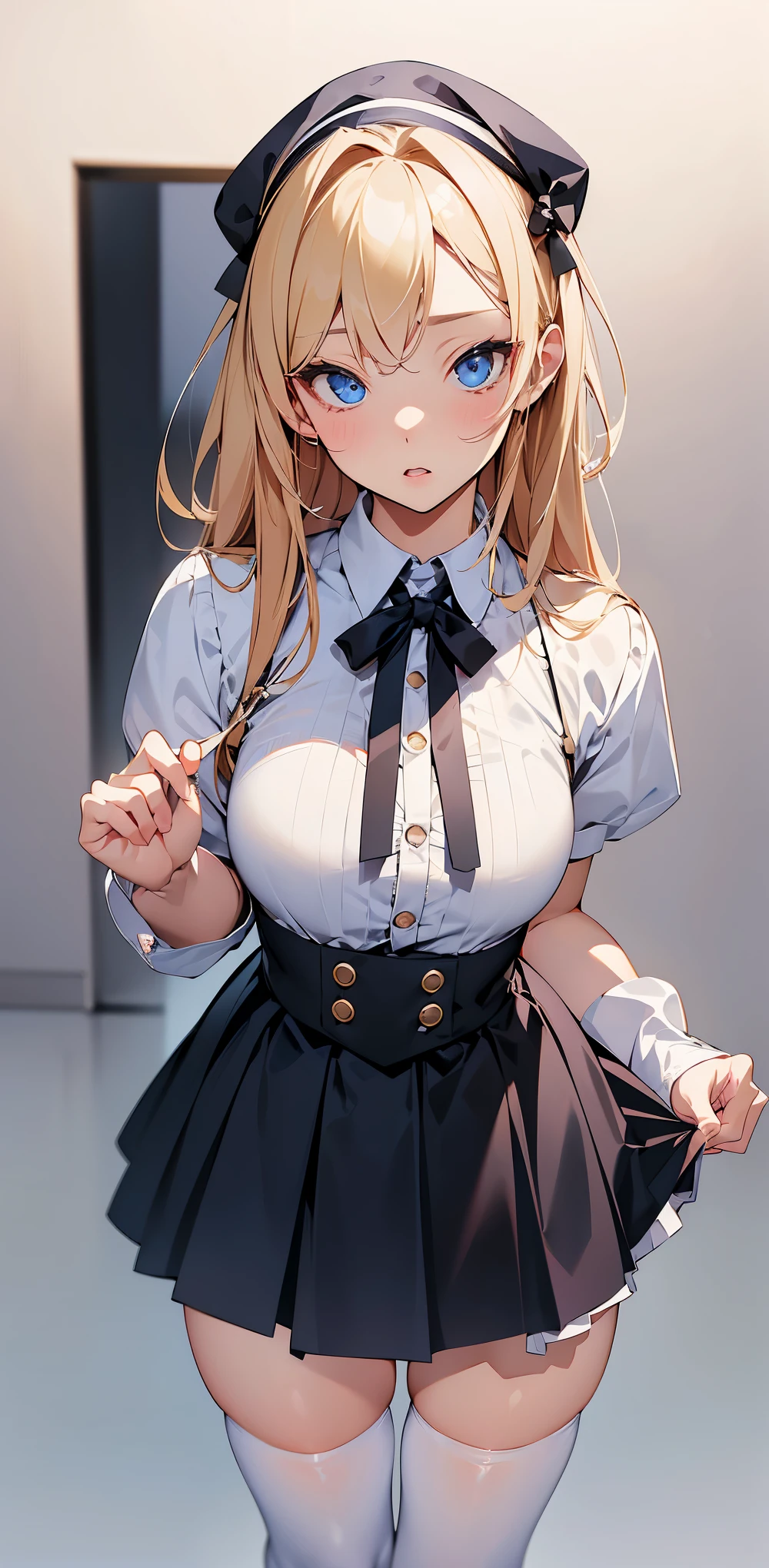 Side Ponytail, medium breasts, a necklace, (nipples are slightly visible), Collared shirt, (Broken black vest:1.7), (Torn clothes:2.0)、 It is a garment that can be seen around the waist.......、 (Black skirt), Lie on your back, (Another grabs her chest:1.7)、shirt pull, White skin, Others pull down her shorts、((An embarrassed look with blushing cheeks))、 White sigh, drooling a little