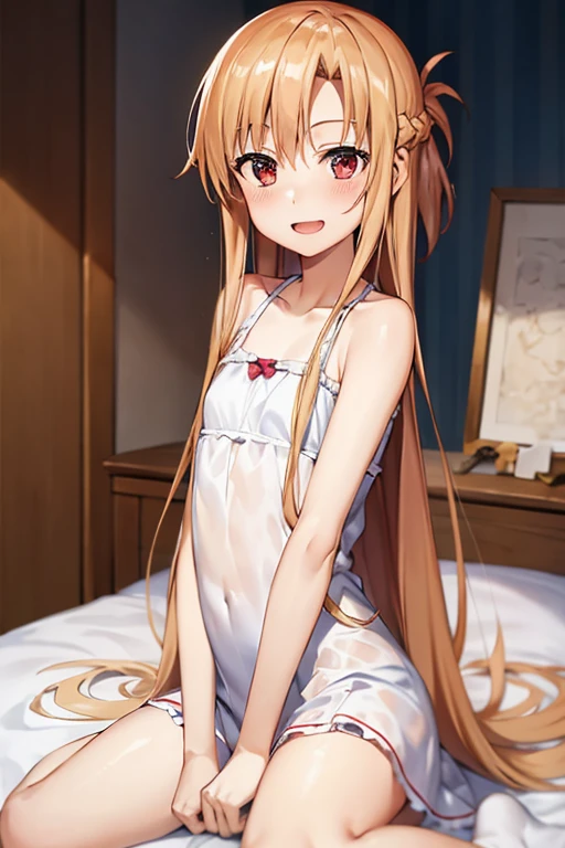 ((Best Quality)), ((masterpiece)), (be familiar with),  perfect face, indoor, bedroom, Watching the audience,
One woman, Yuuki Asuna,
Open Mouth, Ecstatic expression, blush, smile,
Small breasts,  flat chest, , , child, Girl,
Long Hair, Long Hair,
Leg spread,