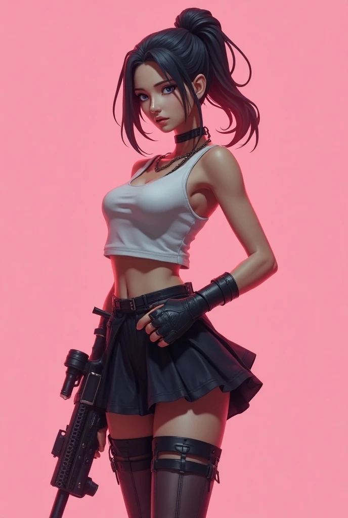 work of art, new, best qualityer, super rendering, super realistico, Highly detailed face, Clean and delicate face, all-body, Squat and wield a long sword, cyberpunk girl in seductive pose, Wearing a sweater and a pleated miniskirt, bunda new, legs spread open, sleeveless, black pantyhose, white short boots, gazing at viewer, simple color background