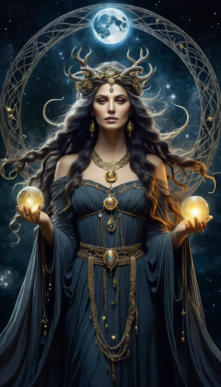 An artistic representation of Hecate, the Greek goddess of magic and witchcraft, with three distinct faces, each gazing in a different direction, embodying the past, present, and future. Her long, flowing hair should be intricately braided with threads of silver and gold, and her mystical robe adorned with crescent moons, stars, and other symbols of magic. Glowing orbs, wispy tendrils of mist, and bouquets of magical herbs like mandrake and wormwood should surround her, emphasizing her deep connection to the supernatural. The dark, ethereal background should shimmer with an otherworldly energy, amplifying her mystical presence.