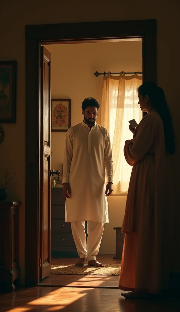 Indian housewife is in her living room, and is saying something to her husband, and blood is coming out of her head.