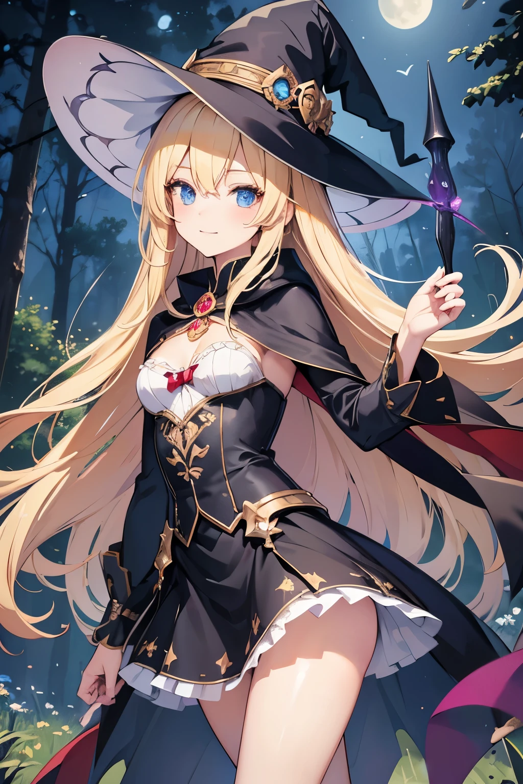 masterpiece,Best Quality, very detailed,beautiful girl, ager,Witch Costume,Witch Hat,Cape,skirt,Outdoor,Mansion,Night Forest,Small breasts,Narrow waist,Blonde,Perfect Blue Eyes,Very cute,Active pose