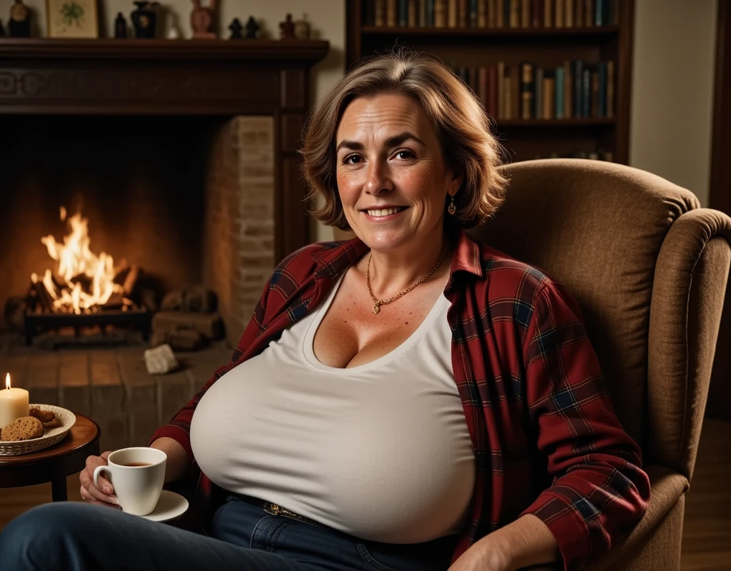 Photorealistic picture, cinematic style, a beautiful old British woman sitting in her armchair drinking tea. She is 70 years old. (Dynamic pose: 1.5), she is smiling to the camera. She has Brown eyes, downturned eye shape, light skin and freckles, lines around her eyes and mouth. gray hair. Long bob hairstyle. Huge breasts. She's wearing a baggy flannel shirt, white t-shirt, jeans. Comfortable house shoes. She is in a homely, rustic living room. Outside is dark. There is a fire burinng in the fireplace, a candle lit on the side table. She has a tea pot on the table next to her. A basket with cookies. perfect hand,HDR, intricate details ,
