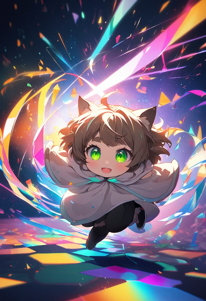 conceptual installation art with bright and colorful random colors, chibi, cute cat-girl beast, with brown fur, mellow eyebrows, cat ears, a tail, and wearing a white mercenary cloak, smiling jumping running, various effects, BREAK background neon-colored cosmic ray, shattering the space around her like broken iridescent glass, delicate and dynamic textures, contrasts of light and shadow, 2.5D, artistic photography, hyper realistic, digital graphic CG, BREAK ultra detailed, absolutely resolution, best quality, BREAK green eyes