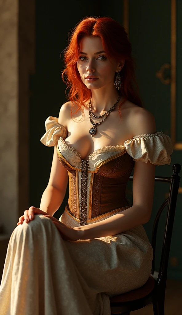 ((beautiful woman wearing medieval dress sitting on a chair)), ((corset)), ((braless)), big breast, deep cleavage, ((braless)), reds hair tied, ((medieval hair style)), (photo realistic:1.4), (hyper realistic:1.4), (realistic:1.3), (smoother lighting:1.05), (increase cinematic lighting quality:0.9), 32K, 1girl,20yo girl, realistic lighting, backlighting, light on face, ray trace, (brightening light:1.2), (Increase quality:1.4), (best quality real texture skin:1.4), finely detailed eyes, finely detailed face, finely quality eyes, (tired and sleepy and satisfied:0.0), sexy look, open legs, ((legs straddle)), (Increase body line mood:1.1), (Increase skin texture beauty:1.1), Real people, Realistic, earring, necklace, (see the viewers), (wet skin:1.1), (the_tattoo:1.1), highly detailed, intricate details, Professional, cinematic lighting, rim lighting, studio lighting,