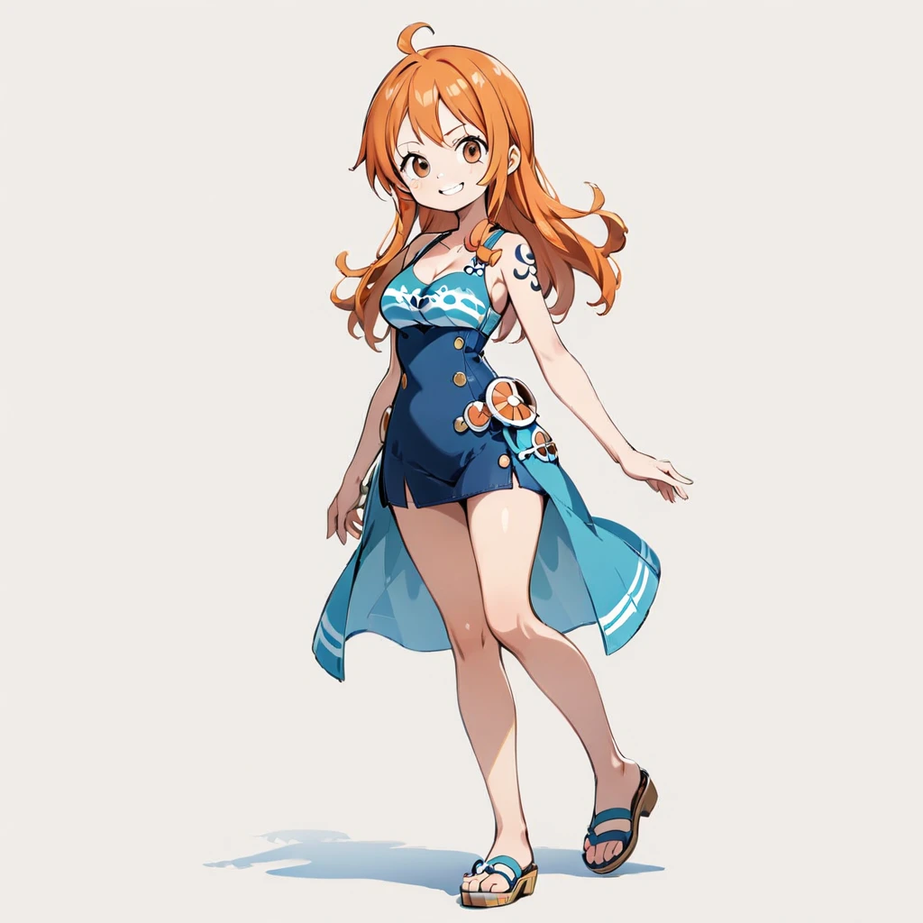 Nami, One Piece, solo, full body, standing posture, smile, simple background