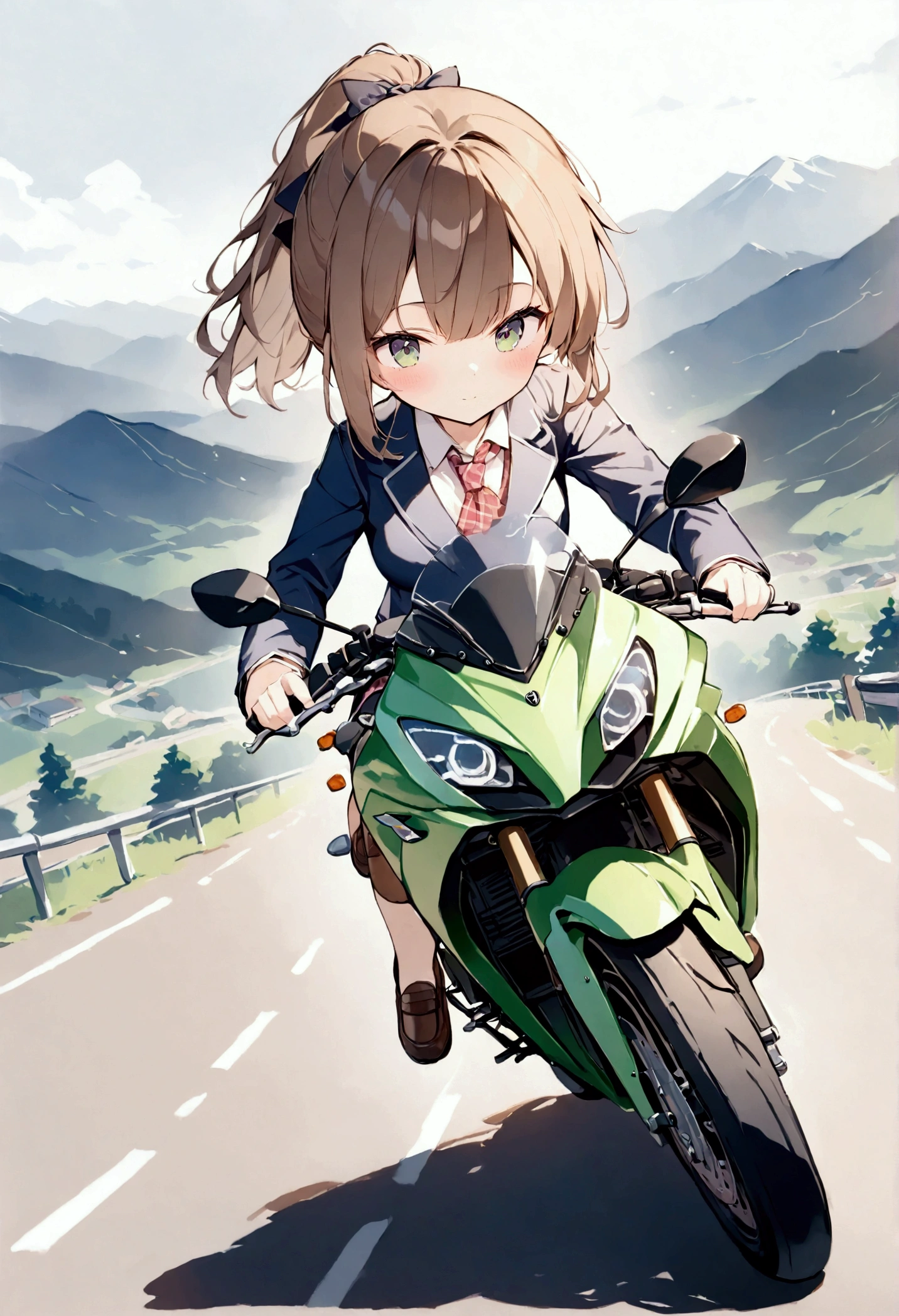 (masterpiece),(Best Quality),  viewers in a cute room, Female , cute,Brown Hair, ponytail,Navy blue blazer,  Gingham Check Short Skirt, Brown Loafers, Masterpiece, 8k, Bakuon！！, Image illustration,Kawasaki Bikes, Girl on Motorbike , Detailed mechanical depiction of a motorcycle, Touring, Daytime,Mountains, Lightweight,  angle seen from the front , Close to the audience,Speed, speed, wind,  mihoyo style illustration, (watercolor|1.3)