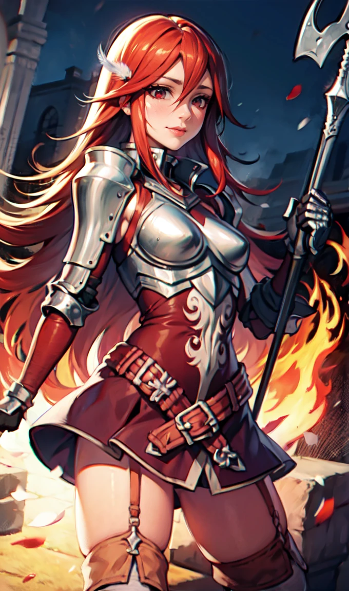  breastplate, elbow armor, both arms, two arms, perfect arms, 1girl, solo, red hair, armor, red skirt, long hair, messy hair, cordelia fe, breastplate, shoulder armor, arm armor, Redhead, Fire emblem,  Gauntlet, belt, Garter Straps, Knee socks, thighs, anime style, anime screencap, anime best girl, beautiful portrait of cute anime girls, red eyes, hair feather, smile, spear, 