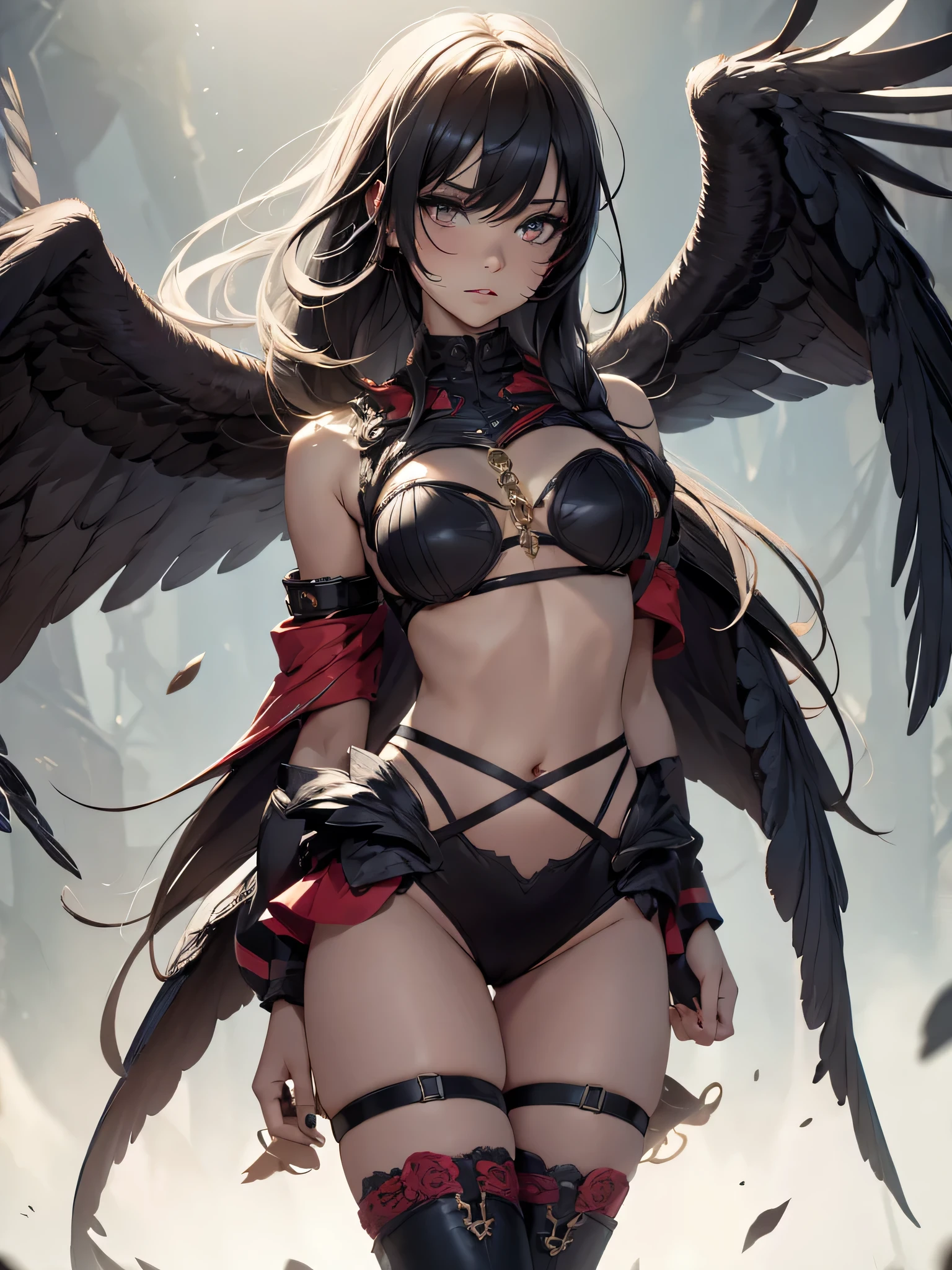 (masterpiece, best quality), 1lady, solo, (white scaly body), halo, wings, fallen angel, showing lots of skin, black hair, loose waves, red eyes, (art by Sam Yang, Ross Draws, Artgerm), large breasts, bent over a chair, hands spreading booty, looking back at the viewer, from below