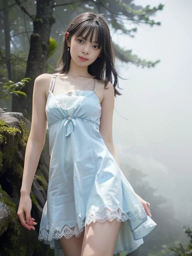 (Best Quality, 16k, Realistic:1.2),  Japanese teenage girl in a misty forest at night , (Detailed skin, Sweet Dress), (Long Hair:1.3, Short bangs), (Mysterious lighting , Thick Fog:1.4),  16K film-like ,  captures the essence of a Japanese teenage girl in the fog of the forest at night, adorned in a delicate Sweet Dress, with long flowing hair and Short bangs. The Detailed skin is meticulously depicted in high resolution, exuding a Realistic quality.  The scene is wrapped in a mysterious atmosphere , with Thick Fog enveloping the surroundings,  creates a mysterious atmosphere under enchanting lighting , flat chest,Thin legs,Slim body,Small waist,Small waist, High Resolution ,  entrance slightly in a cafe in the city,  Seductive Smile,  High Resolution , masterpiece, accurate, Best Quality, Ultra high definition,  very detailed,  textured skin, 