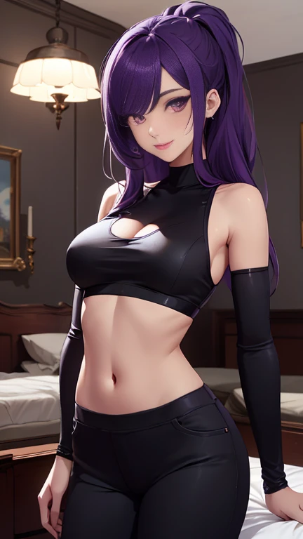 ((Ninomae Ina'nis:1:1)), (back view:1.2), 1girl, black dress, black gloves, blue eyes, blunt bangs, breasts, gigantic breasts:1.2, ((wide hips:1.2)), ((thick thighs:1.2)), (butterball gigantic ass:1.5), detached sleeves, dress, gloves, gradient hair, long hair, (looking back:1.2), posing look back position, looking at viewer, multicolored hair, orange hair, pointy ears, purple hair, sidelocks, single detached sleeve, single glove, small breasts, smile, solo, strapless, strapless dress, tentacle hair, tentacles, tube dress, very long hair, virtual youtuber, perfect feminine face, beautiful detailed hair detailed face, sharp focus, volumetric lighting, strong rim light