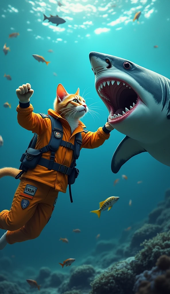 The white realistic muscular bodybuilder daddy cat, still in his black pant coat and tie, is standing in the water, facing the giant red big mouth and sharp theeth octopus.Action: With a powerful kick, the daddy cat strikes the octopus directly in the face. The octopus’s mouth, full of sharp teeth, recoils in pain, releasing the kitten from its grip.