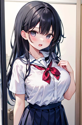 {masterpiece}, {Best Quality},One Girl,School_uniform,Big Breasts、Long black hair,Large Breasts、