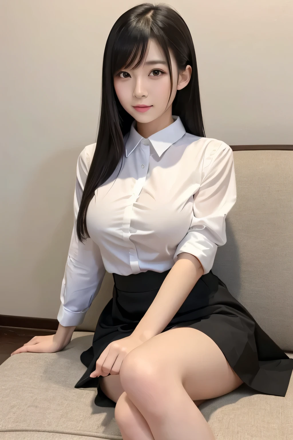 8K, RAW photos, Best quality, Masterpiece: 1.2),(best qualtiy,8K, Yes,32K,masterpiece,hyper HD:1.2) , 20 years old, big cleavage breasts, big boobs, arafed asian woman sitting on a couch wearing a white shirt and blue skirt, korean girl, a hyperrealistic schoolgirl, hyperrealistic schoolgirl, realistic schoolgirl, school girl, cute schoolgirl, wearing school uniform, taken with canon 5d mk4, jaeyeon nam, wearing a school uniform, taken with canon eos 5 d mark iv, girl wearing uniform