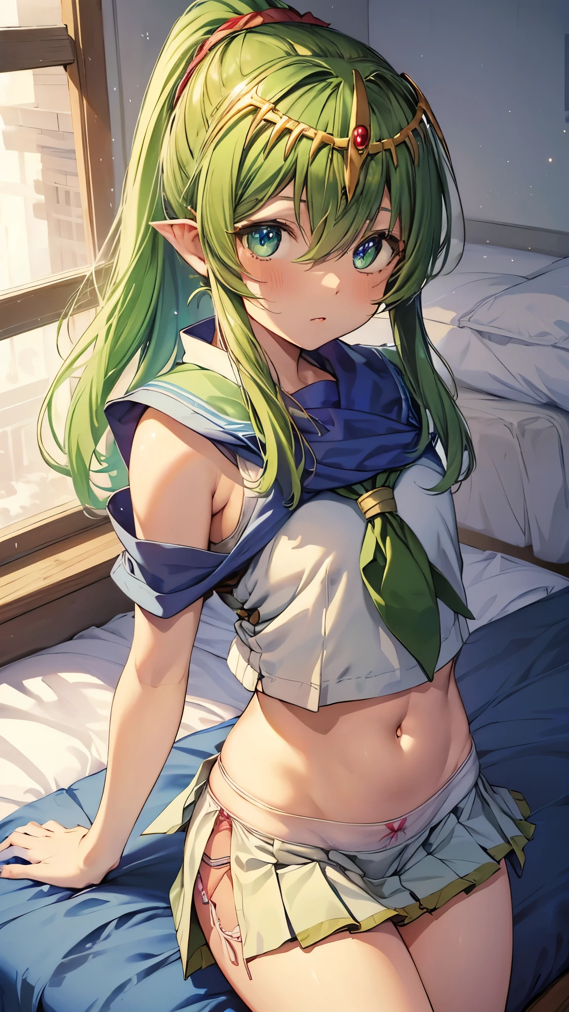 Upper body,1birl,solo,during daytime,yTiki_Fe,(chibi:1.3),green hair,solo,(flat chest),skinny,(((white serafuku,very short pleated miniskirt:1.3))),blue skirt,on bed,blush,navel,white panty,(cameltoe:1.3),sitting,(Fully exposed panties:1.5) ,panty shot,masterpiece,Noise Reduction,perFect anatomy,high resolution, ultra-detailed, ultra-detailed face,game cg,dutch angle ,beautiful detailed eyes,visualart,five fingers, perFect hands, perFect lighting, sparkling pupils