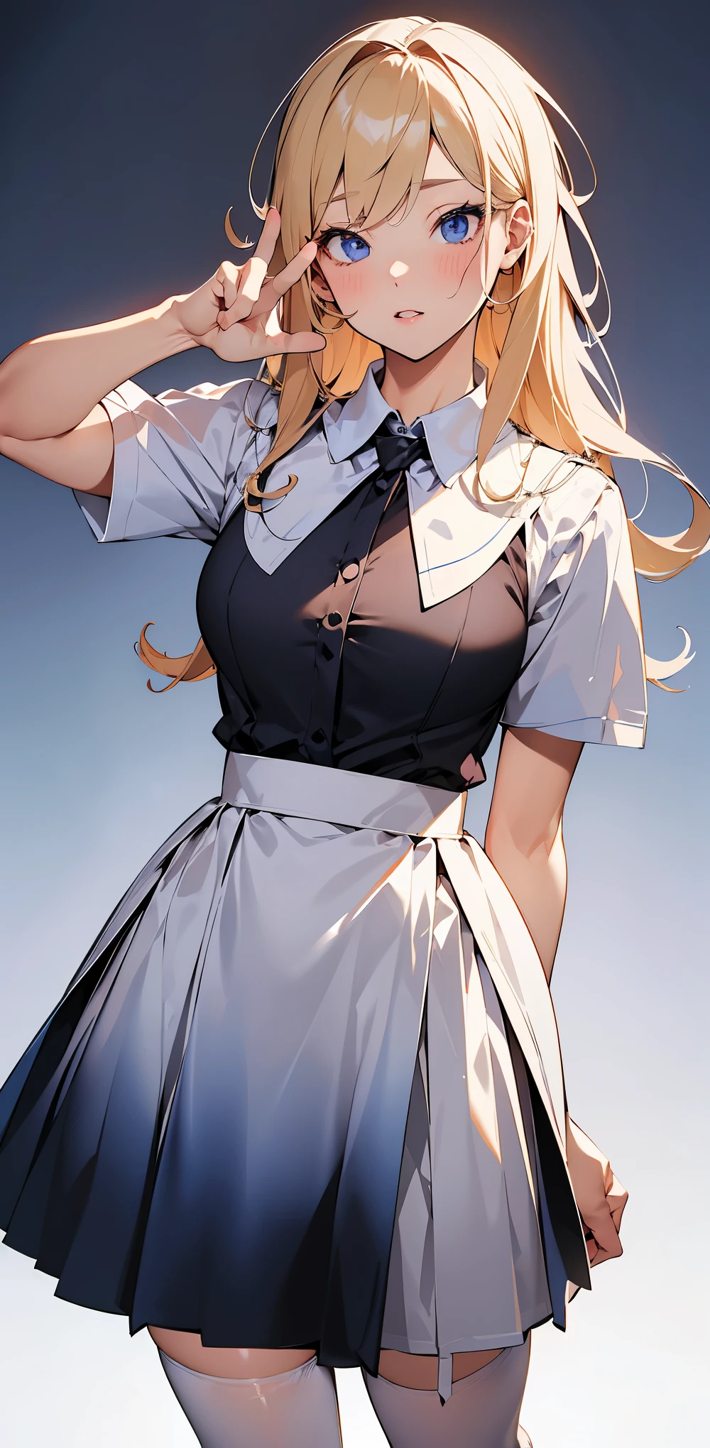 General Details: very detailed, very high resolution, exceptionally high resolution, exceptionally detailed, best quality, 3D artwork, perfect lighting and shading, perfect work, 1 girl, beautiful hands, perfect hands
Not NSFW (Not Safe for Work): (nsfw:-1.5)
Clothing: clothing, (simple dark grey pleated short skirt:1.4), (shiny gold-buckled black leather belt:1.3), (dark blue bow tie:1.2), short sleeves, white shirt, white buttoned shirt
Facial Expression: small smile at the corner of the mouth, very sly eyes
Pose: standing, modeling, looking at the viewer
Character Traits: slender, kawaii, perfectly symmetrical face, soft pinkish cheeks, super cute girl, super cute face, exceptionally detailed eyes, exceptionally detailed hair, extremely cute, extremely beautiful
Background: stargazing field, night, dark, deep depth of field, exceptionally detailed background
Additional Physical Traits: large B-cup breasts, wide hips, large thighs, beautiful long legs, , short
Hairstyle: (ahoge:1.2), (short bob with see-through bangs), one side ponytail on the left, hair between the eyes, pale yellow hair with white tips, bright purple eyes.