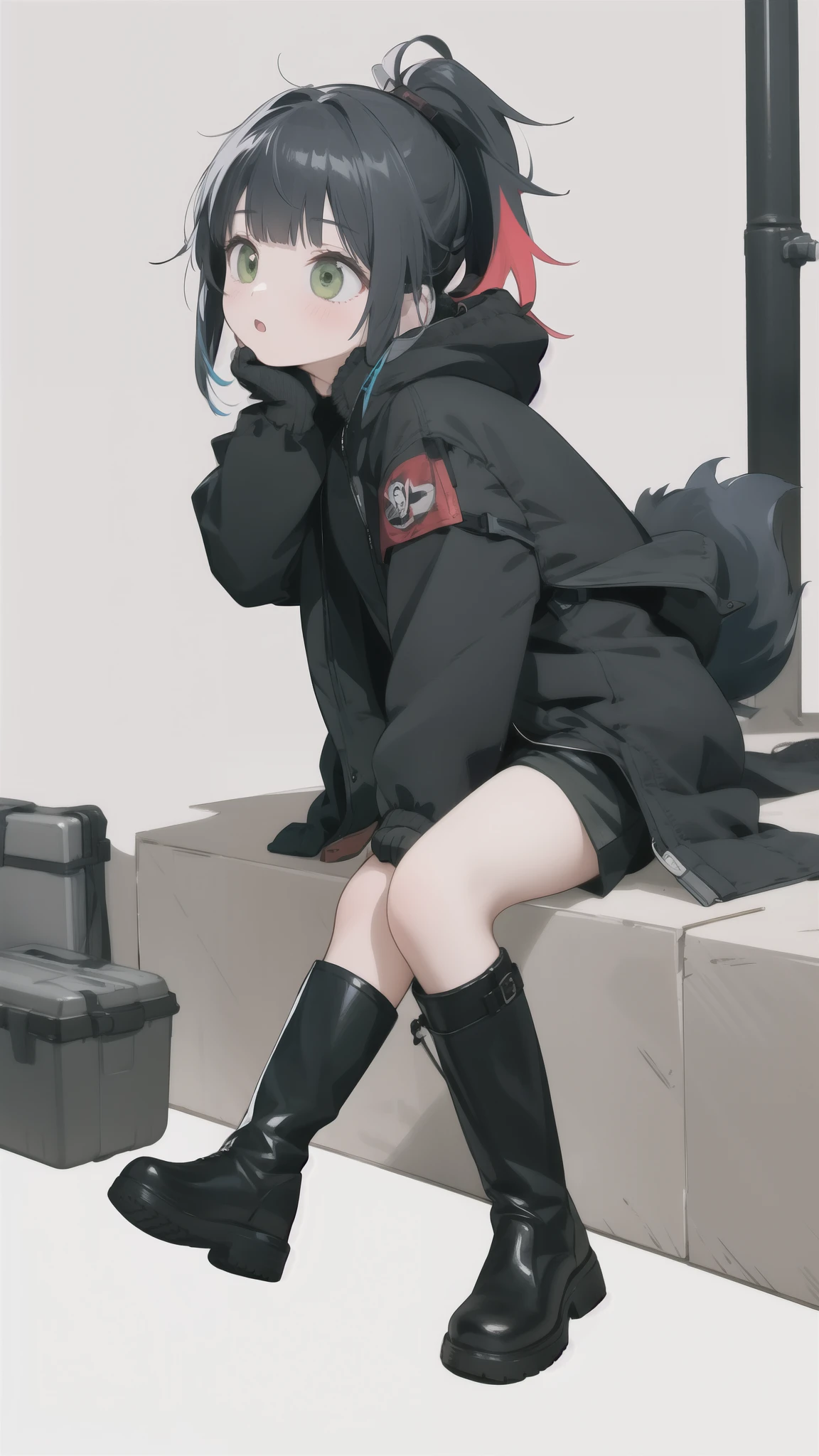 ((masterpiece)),( are of the best quality),Official Art,extremely deTailed CG,unity 8k wallpaper,ultra deTailed,Perfect lighting,1girl, alone,Upper body,(portrait:1.2),knee_Gasket,animal_ear,cexist_ear,earphone,cexist_Tail,black_shoe履,black_shorts,black_shirt,Check_exist_Check者,green_Eye,black_Gloves,Open_jacket,black_[sock,Multicolor_hair,grey_jacket,Blue_hair,Bangs,Long_sleeve,cexist_girl,High target_ponyTail,shoe,kneeHigh targets,blush,boots,black_jacket,Long_hair,blunt_Bangs,Hooded_jacket,belt,black_hair,City，street，female masturbation