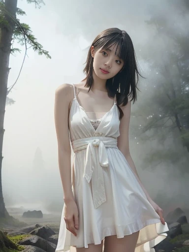 (Best Quality, 16k, Realistic:1.2),  Japanese teenage girl in a misty forest at night , (Detailed skin, Sweet Dress), (Long Hair:1.3, Short bangs), (Mysterious lighting , Thick Fog:1.4),  16K film-like ,  captures the essence of a Japanese teenage girl in the fog of the forest at night, adorned in a delicate Sweet Dress, with long flowing hair and Short bangs. The Detailed skin is meticulously depicted in high resolution, exuding a Realistic quality.  The scene is wrapped in a mysterious atmosphere , with Thick Fog enveloping the surroundings,  creates a mysterious atmosphere under enchanting lighting , flat chest,Thin legs,Slim body,Small waist,Small waist, High Resolution ,  entrance slightly in a cafe in the city,  Seductive Smile,  High Resolution , masterpiece, accurate, Best Quality, Ultra high definition,  very detailed,  textured skin, Dream environment ,