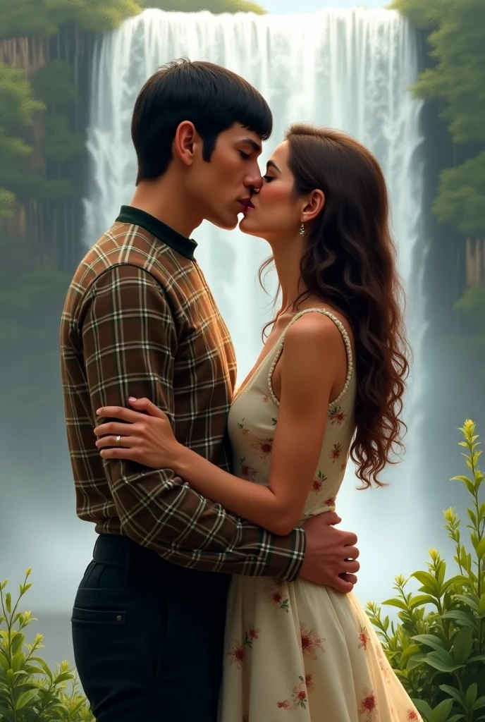 Henry Cavill passionately kissing a girl with black hair, white skin and brown eyes, small mouth, perfect nose, arched eyebrows and transparent clothes on her breasts, in a waterfall.